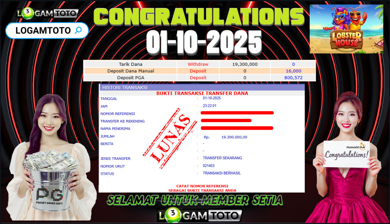 SELAMAT KEPADA MEMBER SETIA LOGAMTOTO BERHASIL JACKPOT DI PERMAINAN SLOT LOBSTER HOUSE